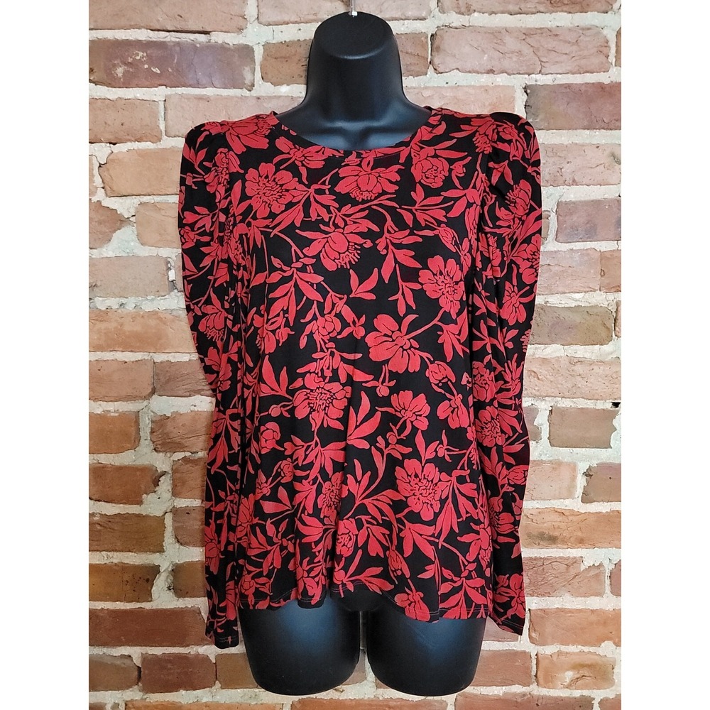 Chico's Blouse Top Women's Size 0 Black Red Floral Stretch Long Sleeve Crew Neck